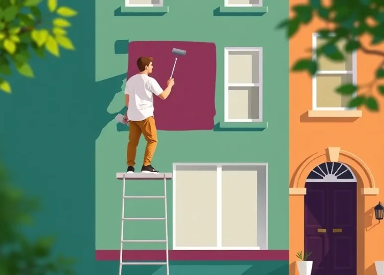 Peintre sur échafaudage traitant la façade d'une maison